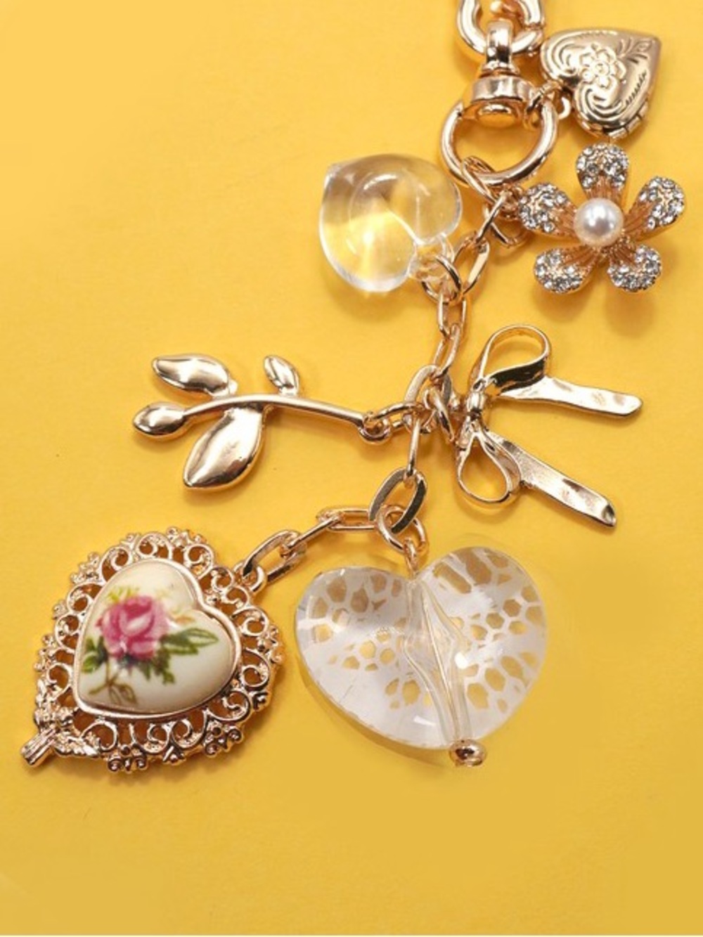 Gold-Tone Floral Opening Heart Locket Bag Charm/Keychain with Pink Rose Accent